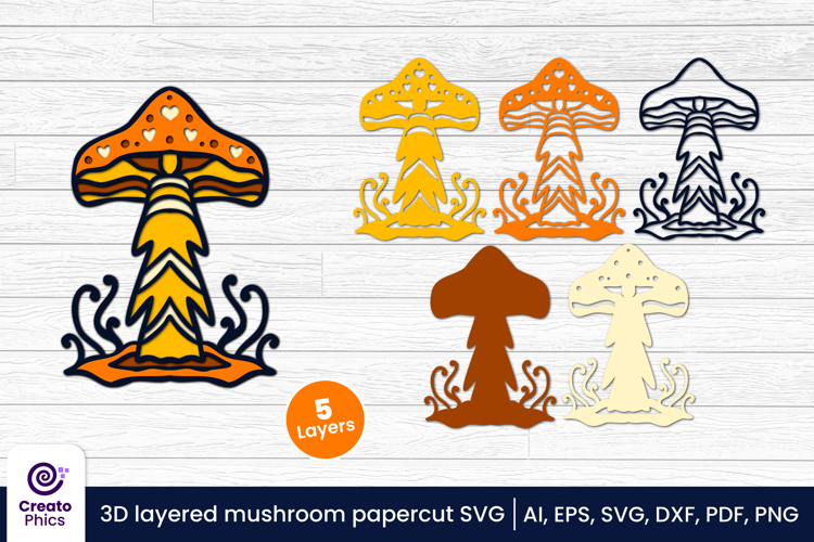3D layered mushroom papercut file | whimsical cut file SVG