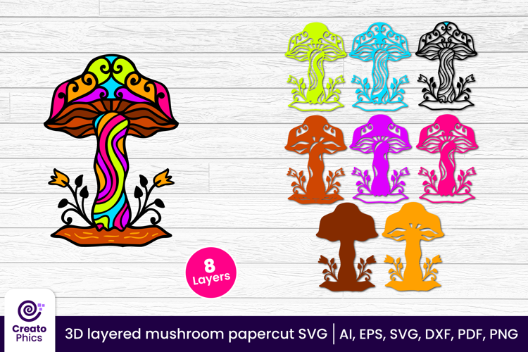 3D layered mushroom papercut file | whimsical cut file SVG