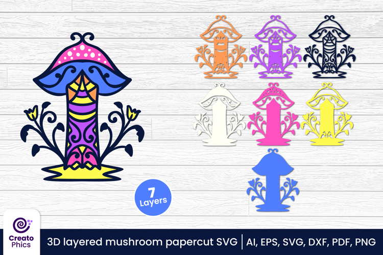 3D layered mushroom papercut file | whimsical cut file SVG