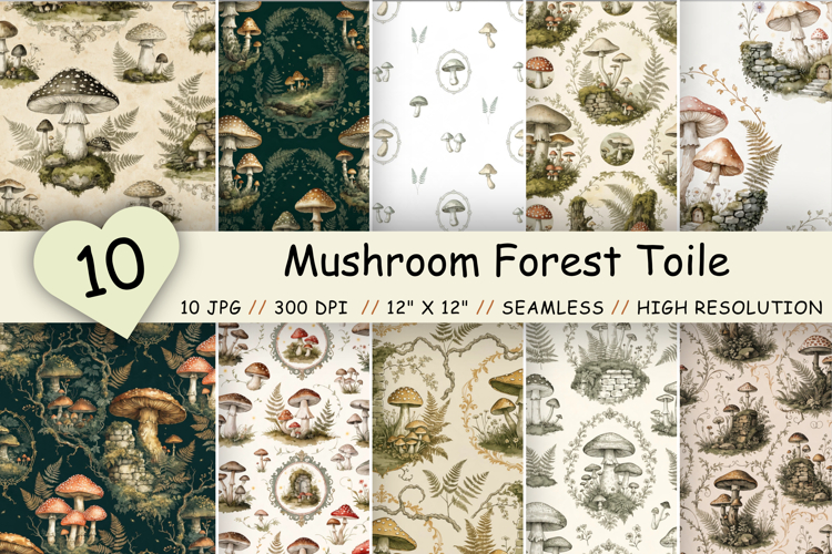 Mushroom Forest Toile Digital Paper, Seamless Watercolor
