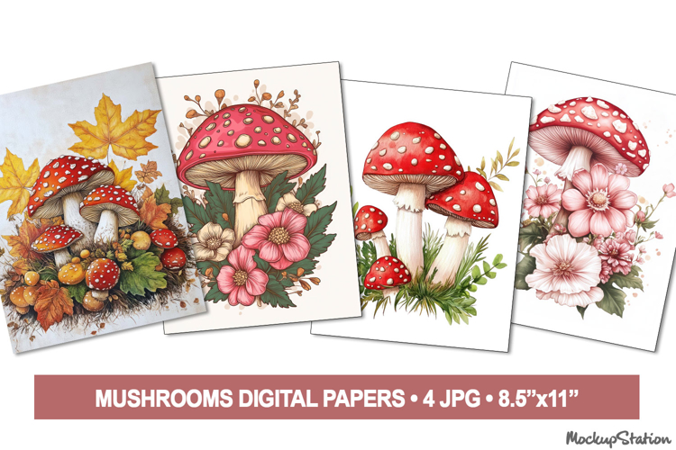 Vintage Mushroom Junk Journal Pages, Cottage Core Watercolor
