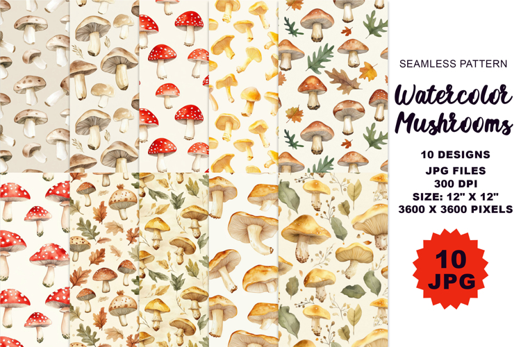 Watercolor Mushroom Seamless Pattern Autumn JPG