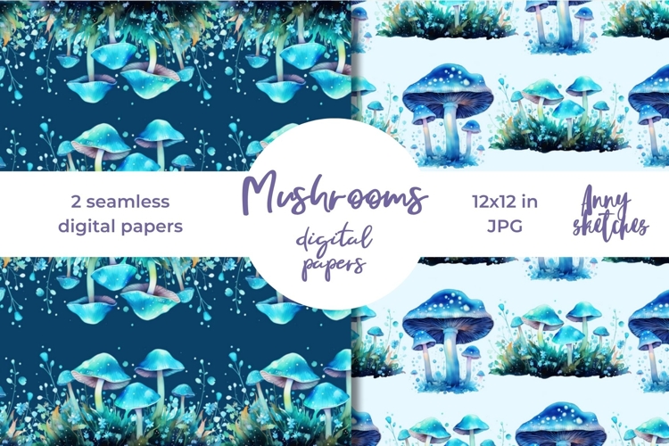 Bioluminescent Mushrooms Seamless Digital Papers Set