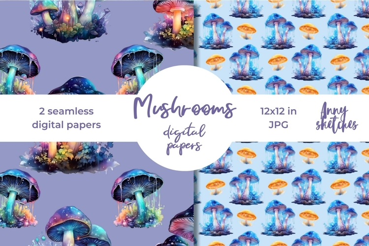 Bioluminescent Mushrooms Seamless Digital Papers Set