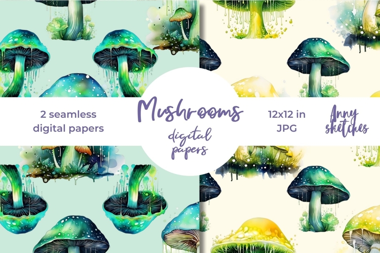 2 Bioluminescent Mushrooms Seamless Digital Papers Set