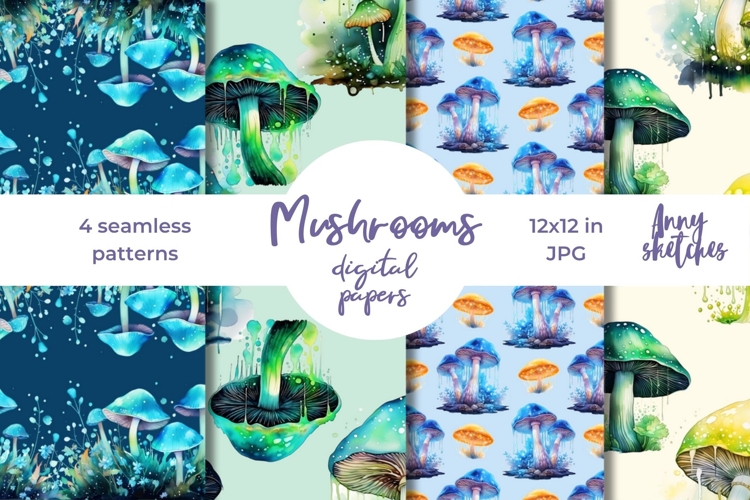 4 Bioluminescent Mushrooms Seamless Digital Papers Set