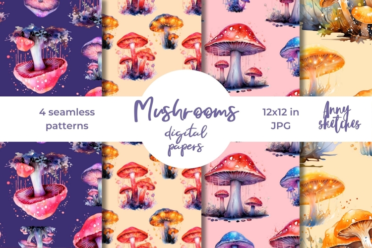 4 Bioluminescent Mushrooms Seamless Digital Papers Set