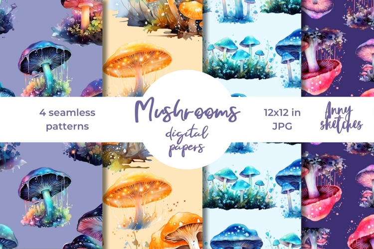 4 Bioluminescent Mushrooms Seamless Digital Papers Set
