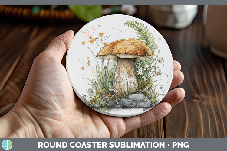 Bay Bolete Mushroom Sketch Round Coaster Sublimation Design