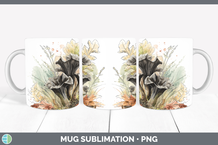 Black Trumpet Mushroom Sketch Mug Wrap Sublimation Design