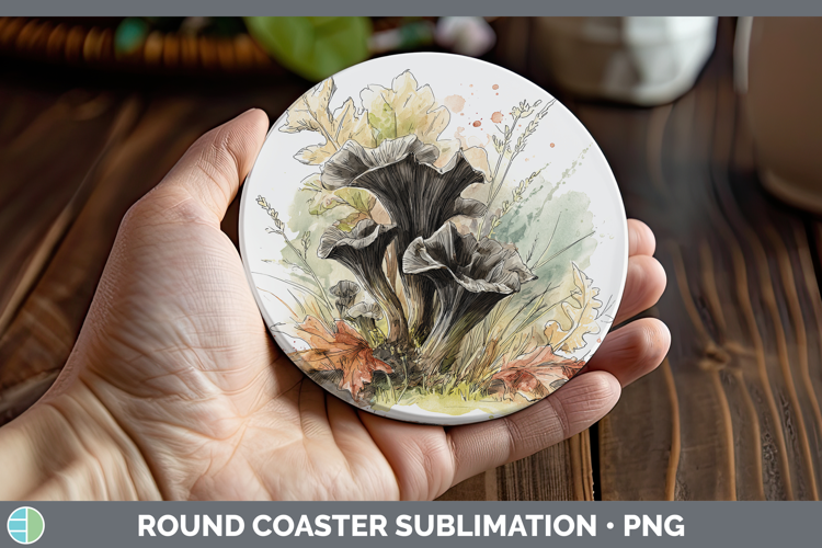 Black Trumpet Mushroom Sketch Round Coaster Sublimation Desi