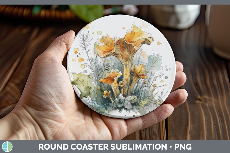 Chanterelle Mushroom Sketch Round Coaster Sublimation Design