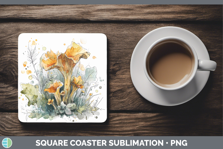 Chanterelle Mushroom Sketch Square Coaster Sublimation Desig