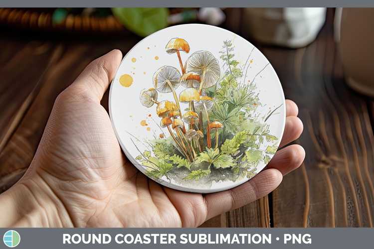 Enoki Mushroom Sketch Round Coaster Sublimation Design