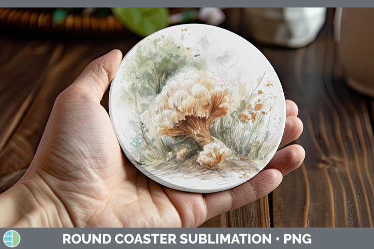 Lions Mane Mushroom Sketch Round Coaster Sublimation Design