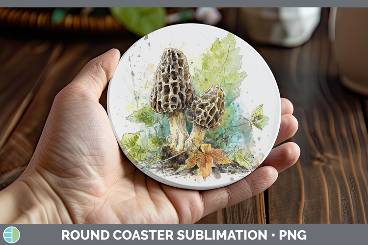 Morel Mushroom Sketch Round Coaster Sublimation Design