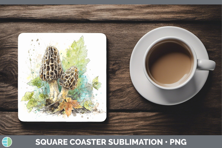 Morel Mushroom Sketch Square Coaster Sublimation Design