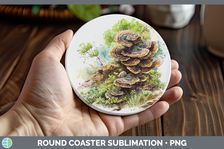 Turkey Tail Mushroom Sketch Round Coaster Sublimation Design