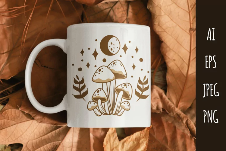 Vintage Mushroom with Moon and Sparkling Shapes Sublimation