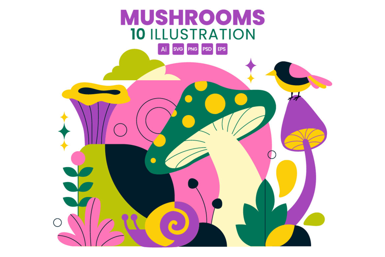 10 Mushrooms Vector Illustration