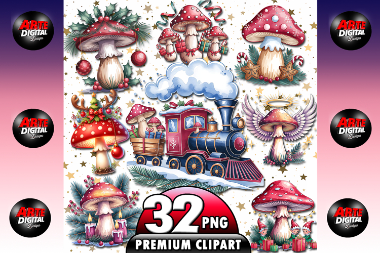 Christmas Mushroom Watercolor Clipart Bundle