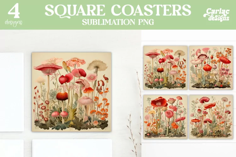 Mushrooms Coaster Sublimation, Vintage Square Coaster