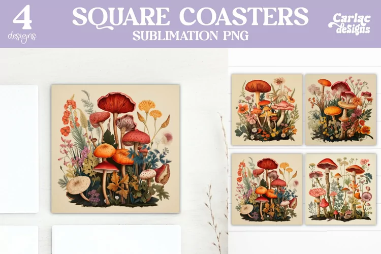 Mushrooms Coaster Sublimation, Vintage Square Coaster
