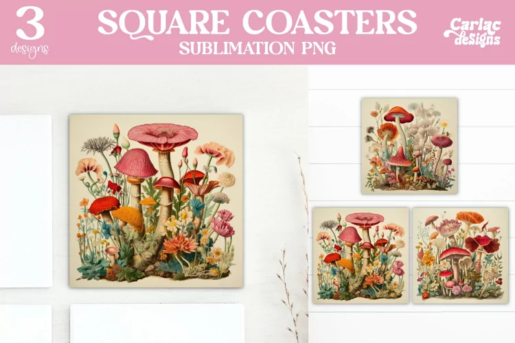 Mushrooms Coaster Sublimation, Vintage Square Coaster