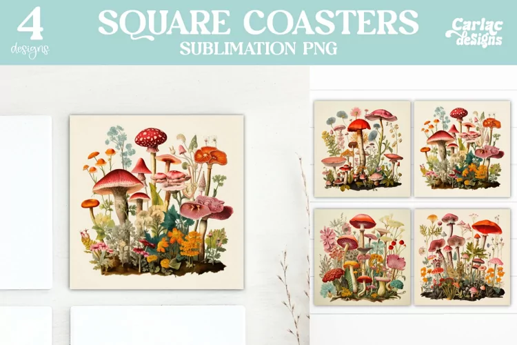Mushrooms Coaster Sublimation, Vintage Square Coaster