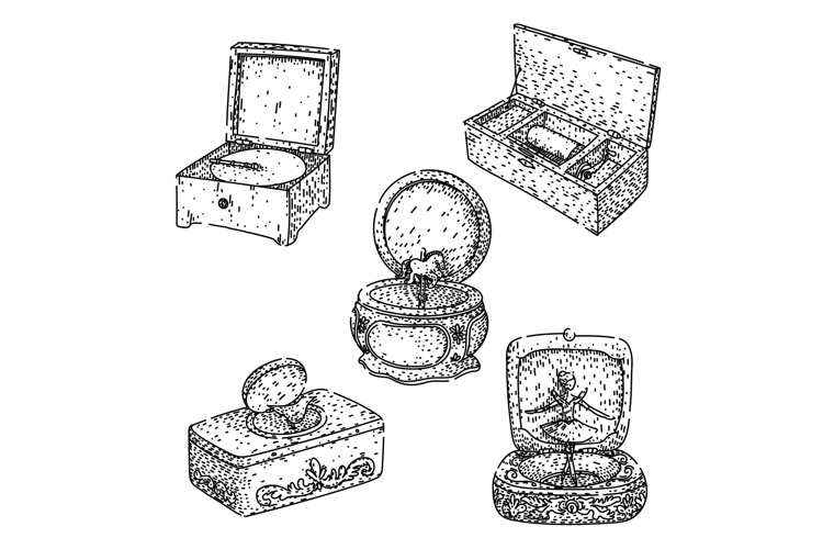 Vintage music boxes illustration showing various designs and