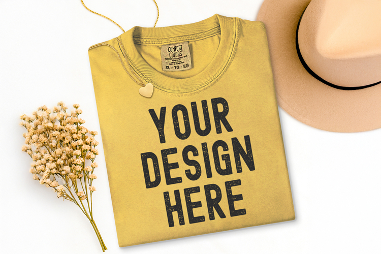 Comfort Colors C1717 Mustard Shirt Mockup, Flat Lay Mockup