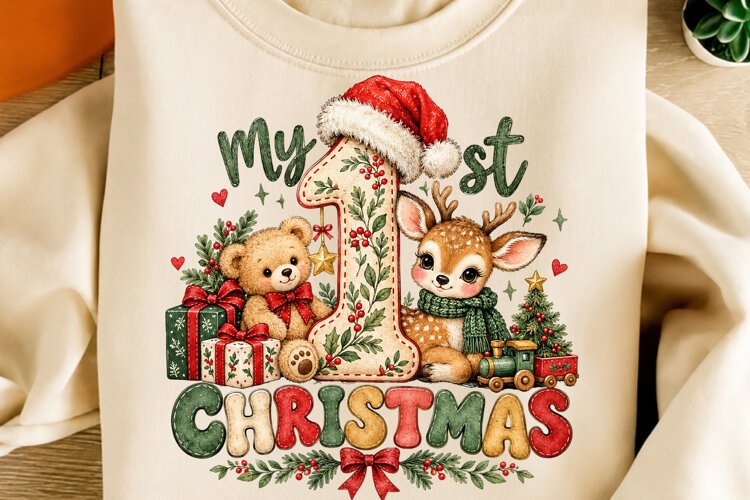 My 1st Christmas PNG | Cute Teddy Bear & Reindeer Baby Png example image 1