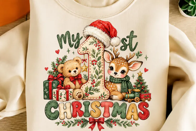 My 1st Christmas PNG | Cute Teddy Bear & Reindeer Baby Png
