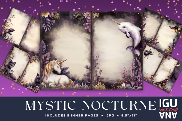 Mystic Nocturne Junk Journal Pages. 5 Fantasy Animal Spreads