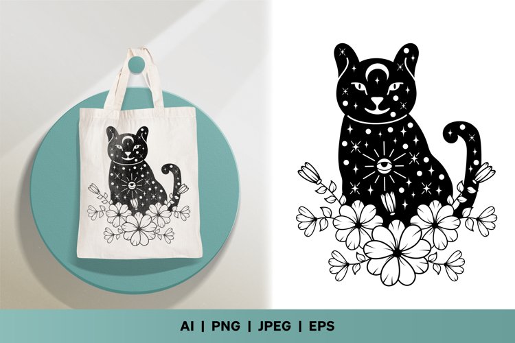 Sparkling Cat Standing with Flowers and Mystical Elements