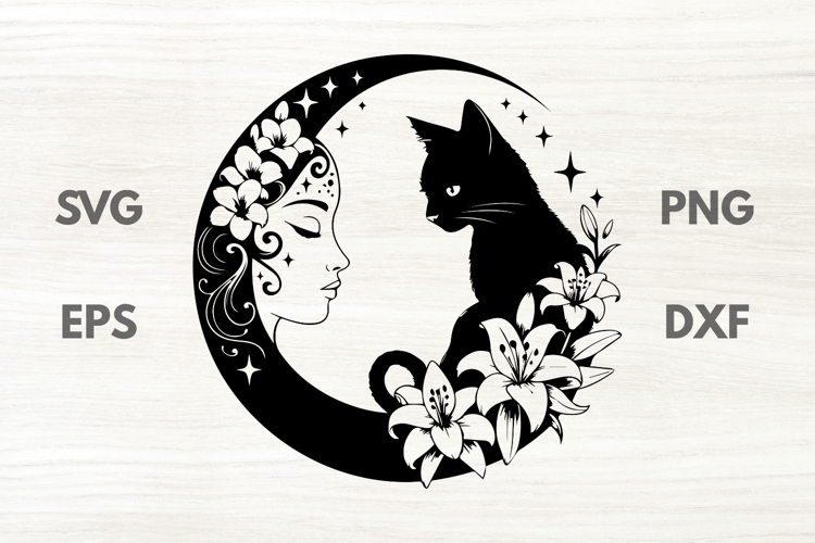 Mystical lady Moon with cat SVG