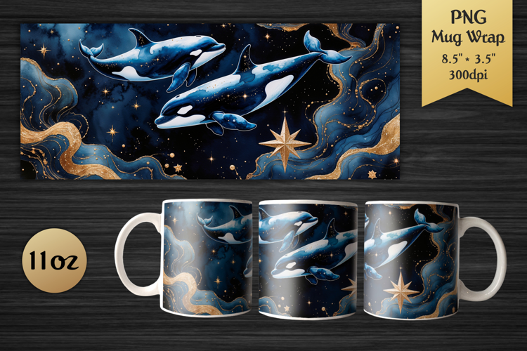 Mystical Orca | 11 oz Mug Wrap Design | Celestial Watercolo