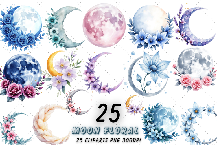 Mystical Winter Moon Floral Clipart | Watercolor Lunar PNG