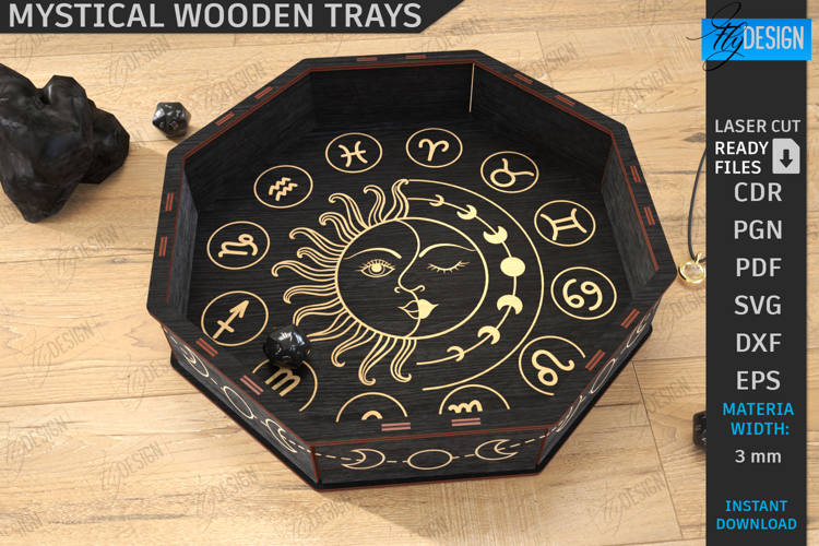 Mystical Wooden Tray Laser Cut|Celestial Dice Tray|Organizer