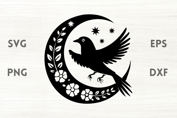 Floral moon and crow SVG