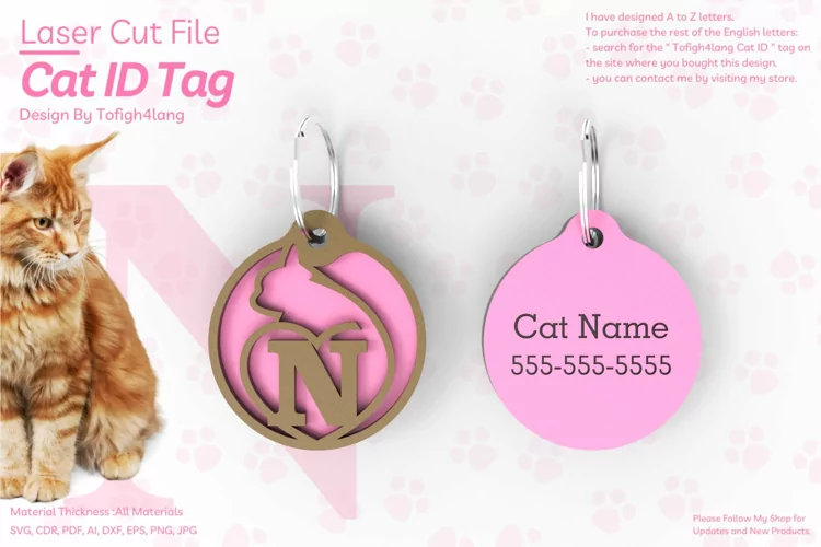 N | Cat ID Tag | Cat ID Tag Slide On Collar| laser cut | SVG