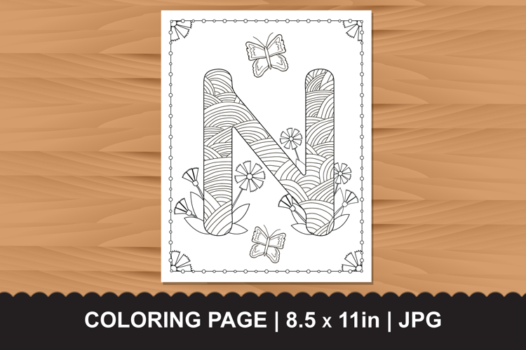Letter N Coloring Page with Butterflies and Flowers