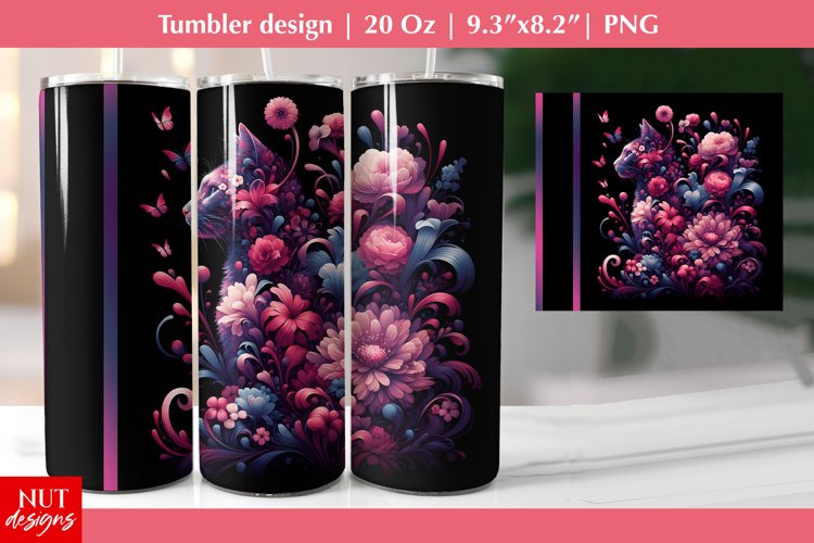 Cat   flowers tumbler design Summer cat Add name tumbler PNG