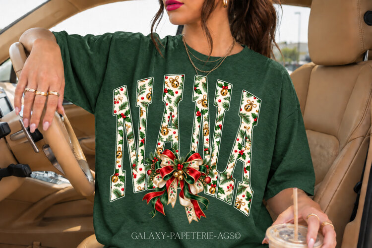 Nana Christmas PNG | Vintage Holly Bow Design example image 1