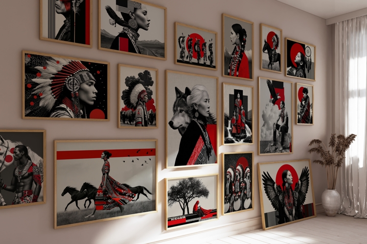Native American Red and Black Spirit Wall Art, Set of 100