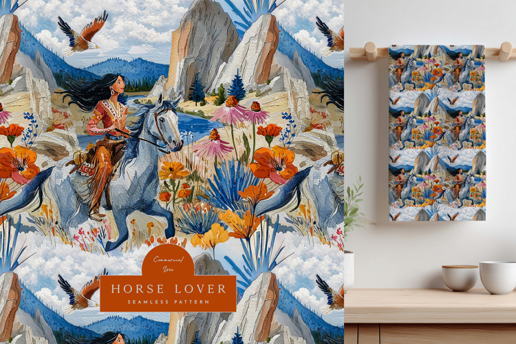 Native Woman Riding Horse Seamless Pattern with Mountains