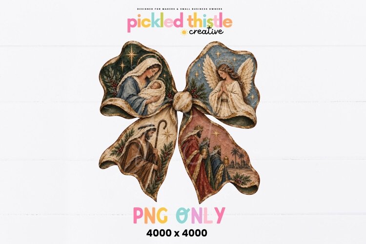 Religious holiday PNG featuring a richly detailed Christmas bow filled with biblical imagery, greenery, stars and traditional nativity figures in a softly aged painted style.