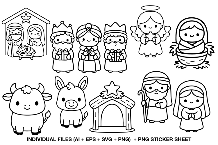 Cute nativity digital stamp set with outline characters