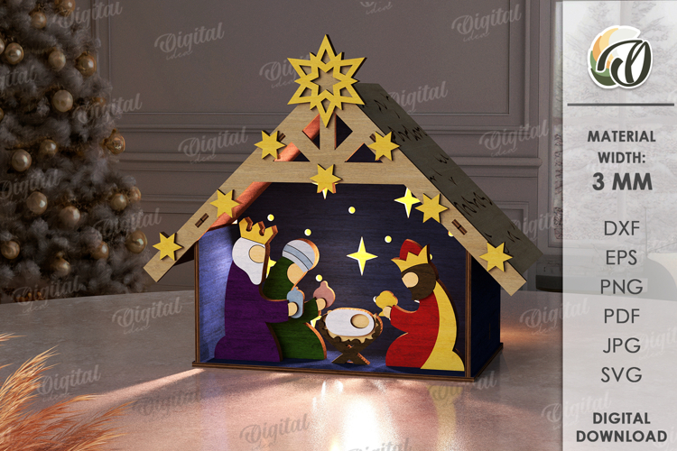 Nativity Light Stand Laser Cut. Nativity Lightbox SVG