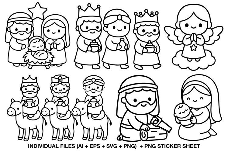 Christmas Nativity Line Art Clipart, Cute Christmas PNG Set
